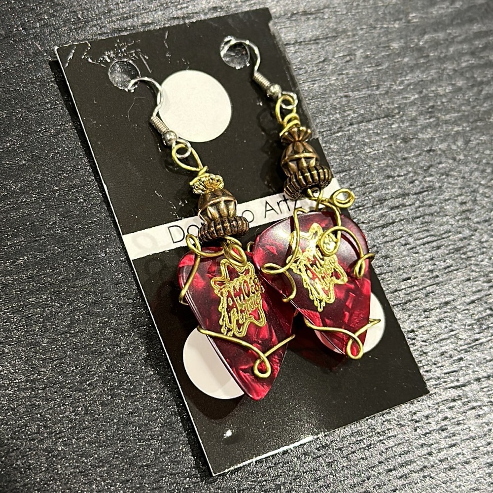 Amoeba Music Red and Gold Guitar Pick Earrings - Picture 2 of 4